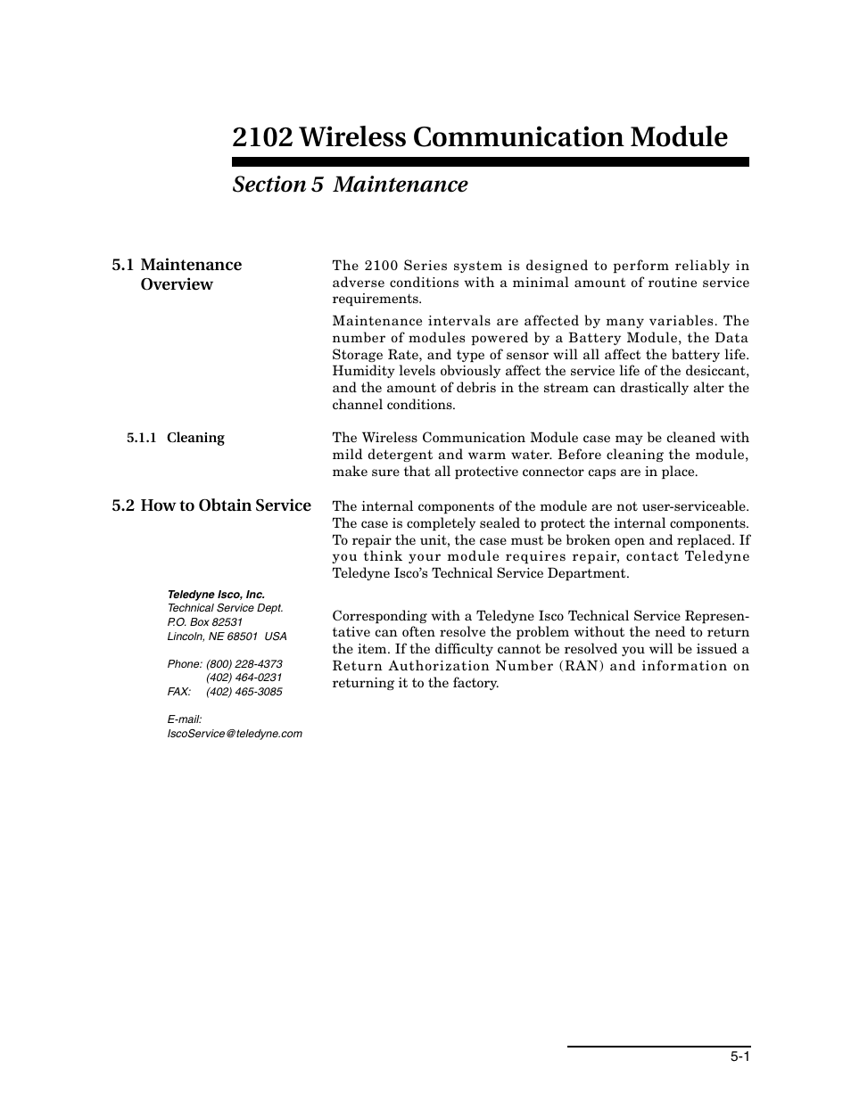 Section 5 maintenance, 1 maintenance overview, 1 cleaning | 2 how to obtain service, 1 maintenance overview -1, 1 cleaning -1, 2 how to obtain service -1, Section 5, maintenance, 2102 wireless communication module | Teledyne WIRELESS COMMUNICATION MODULE 2102 User Manual | Page 29 / 38