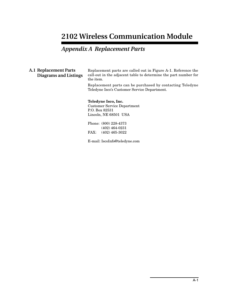 Appendix a replacement parts, A.1 replacement parts diagrams and listings, Appendix a, replacement parts | 2102 wireless communication module | Teledyne WIRELESS COMMUNICATION MODULE 2102 User Manual | Page 31 / 38