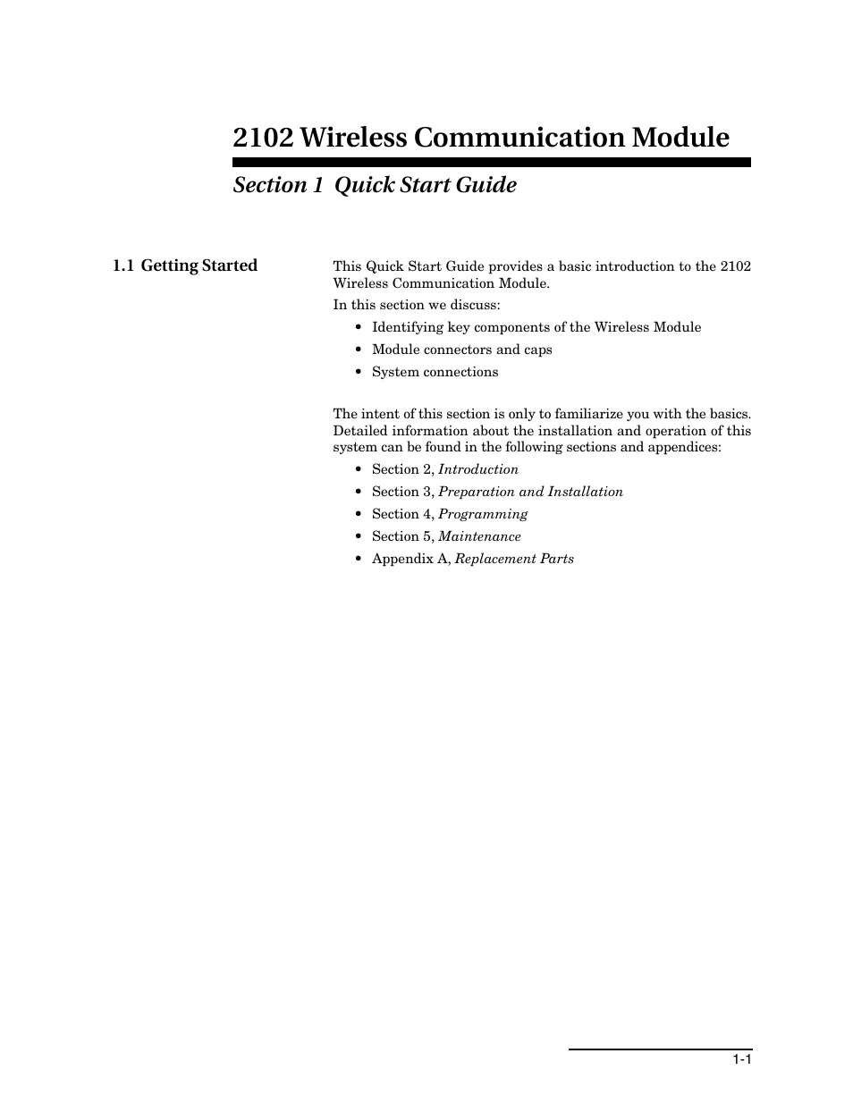 Section 1 quick start guide, 1 getting started, 1 getting started -1 | 2102 wireless communication module | Teledyne WIRELESS COMMUNICATION MODULE 2102 User Manual | Page 7 / 38