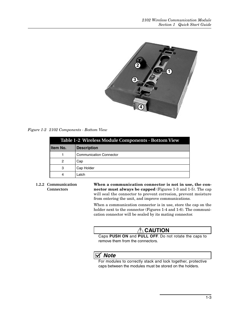 2 communication connectors, 2 communication connectors -3, 2 2102 components - bottom view -3 | 2 wireless module components - bottom view -3, Caution | Teledyne WIRELESS COMMUNICATION MODULE 2102 User Manual | Page 9 / 38