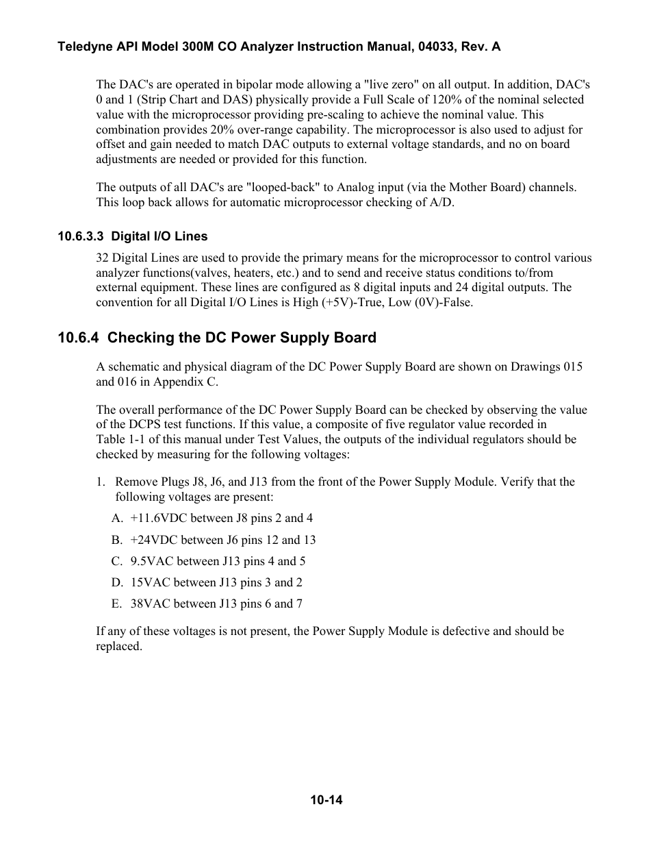 Digital i/o lines, Checking the dc power supply board, See section 10.6.4 | Teledyne 300M User Manual | Page 108 / 123