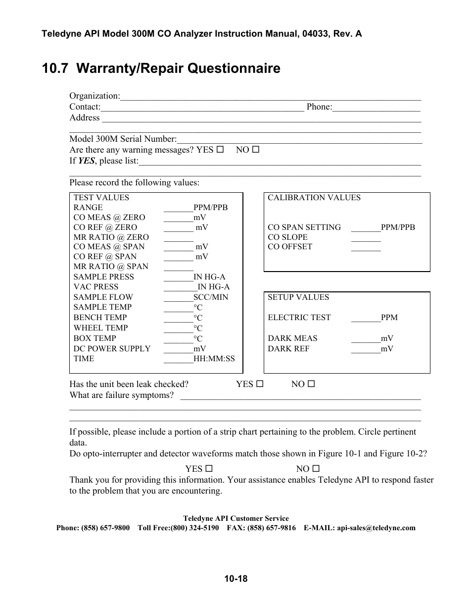 Warranty/repair questionnaire, 6 checking the opto interrupter -16, Igure | 1: o, Ickup, Aveform, 2: d, Etector, 7 warranty/repair questionnaire | Teledyne 300M User Manual | Page 112 / 123