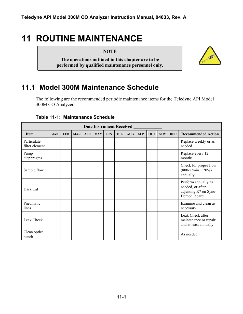 Routine maintenance, Model 300m maintenance schedule, 7 flow/pressure sensor -17 | 11 routine maintenance, 1 model 300m maintenance schedule | Teledyne 300M User Manual | Page 113 / 123