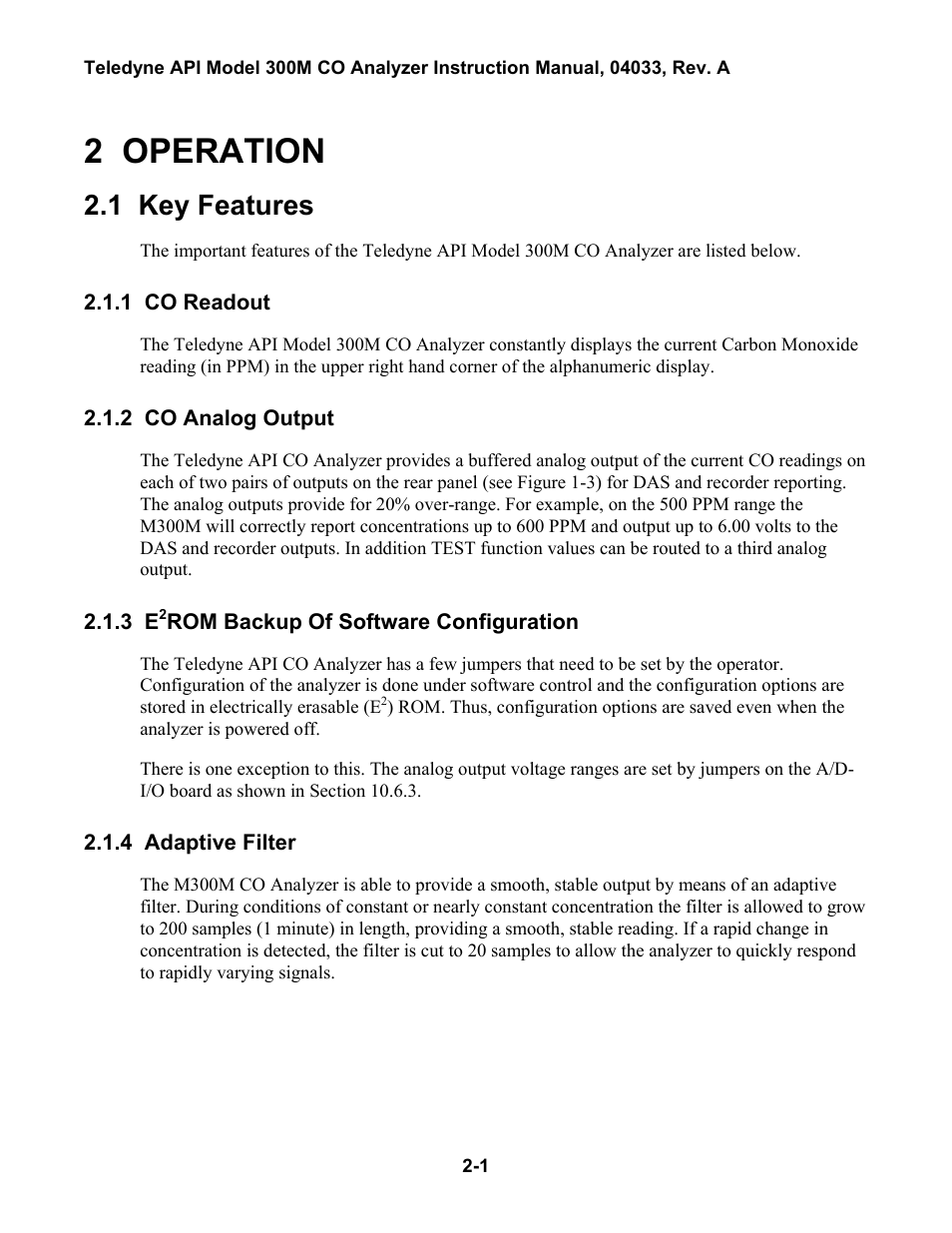 Operation, Key features, Co readout | Co analog output, E2rom backup of software configuration, Adaptive filter, 2 operation, 1 key features | Teledyne 300M User Manual | Page 27 / 123