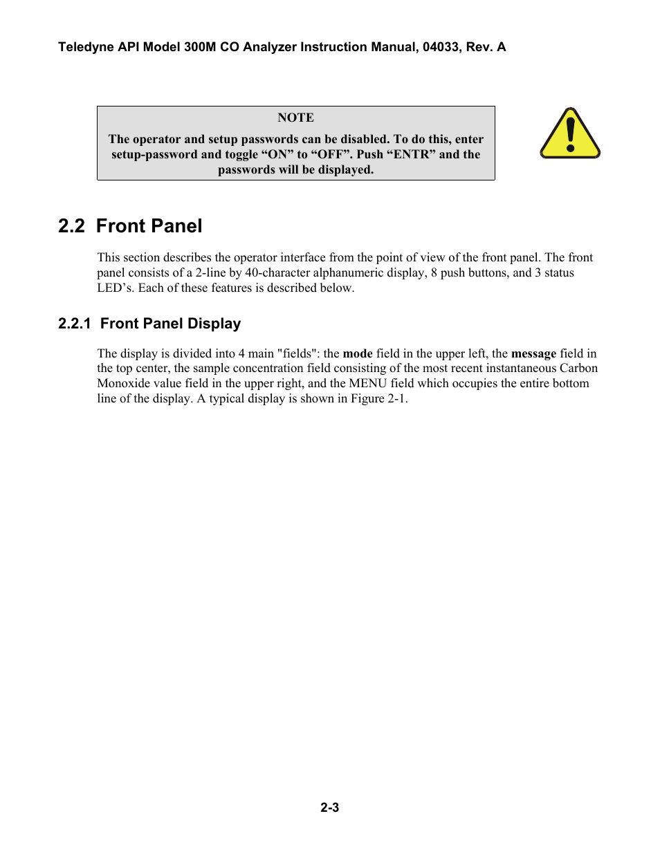 Front panel, Front panel display, Able | 1: p, Assword, Evels, 2 front panel | Teledyne 300M User Manual | Page 29 / 123