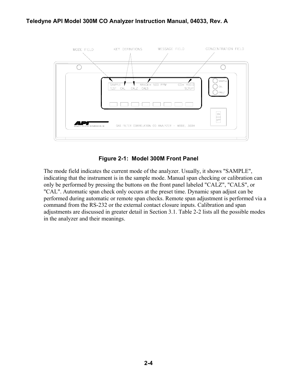 Ront, Anel, 1 front panel display -3 | Figure 2-1). the front panel display should li | Teledyne 300M User Manual | Page 30 / 123