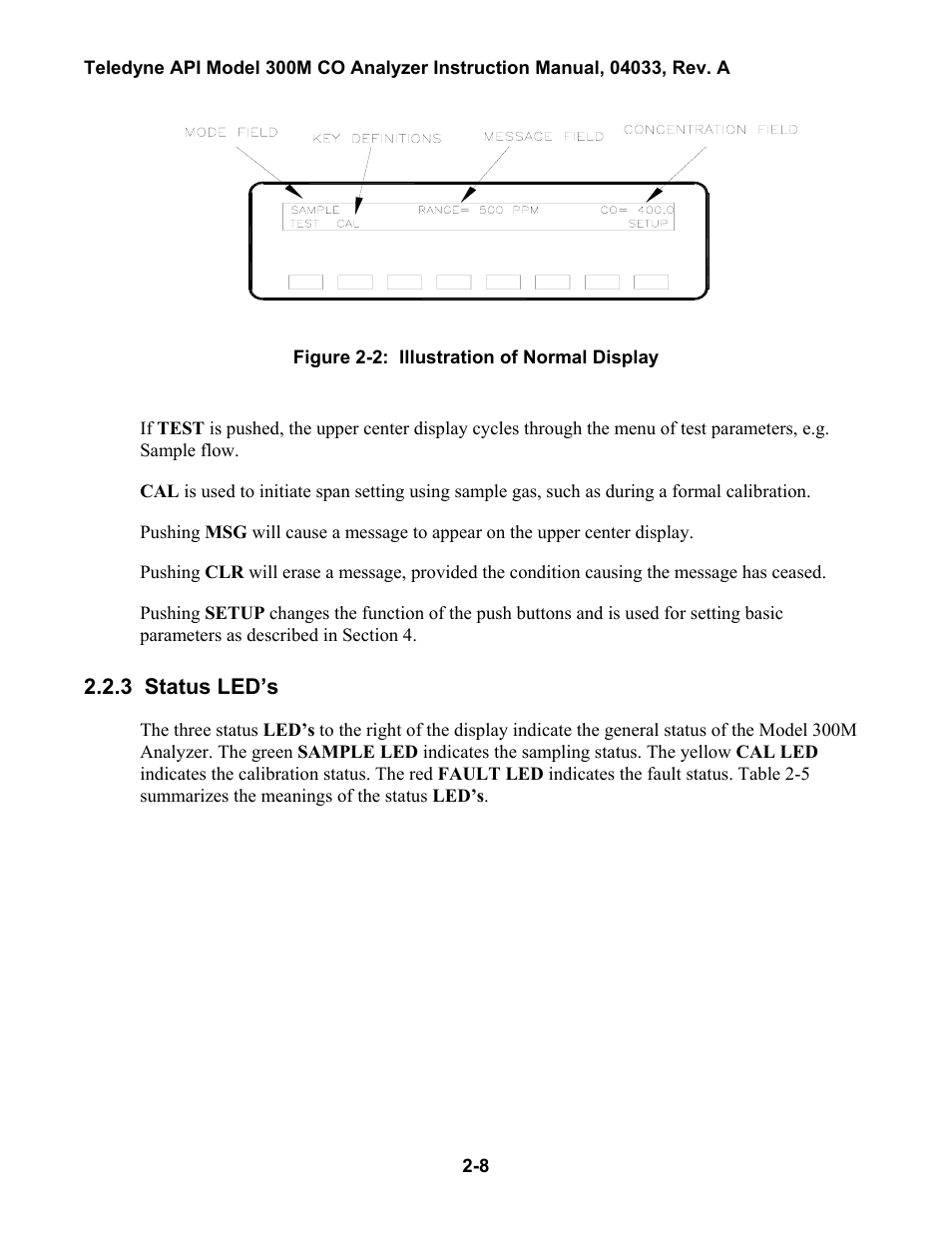 Status led’s, 2 programmable push buttons -7, Able | 4: w, Arning, Essages, L display as shown in figure 2-2, Nu. (see figure 2-2 for | Teledyne 300M User Manual | Page 34 / 123