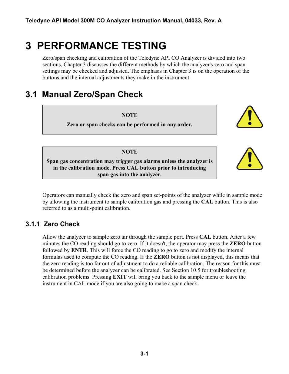 Performance testing, Manual zero/span check, Zero check | 3 performance testing, 1 manual zero/span check | Teledyne 300M User Manual | Page 37 / 123