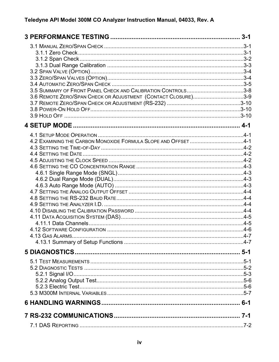 3 performance testing -1, 4 setup mode -1, 5 diagnostics -1 | Teledyne 300M User Manual | Page 4 / 123