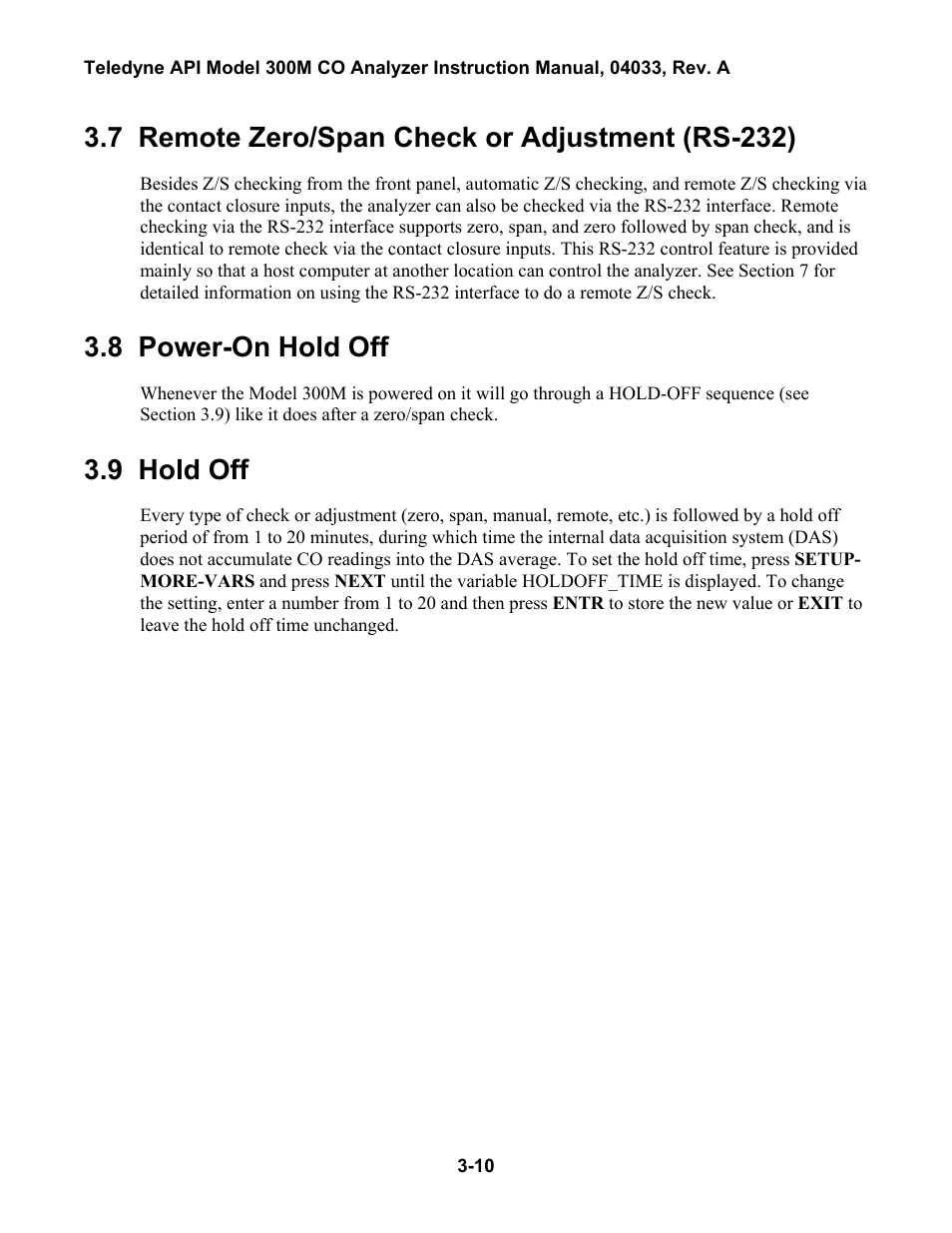 Remote zero/span check or adjustment (rs-232), Power-on hold off, Hold off | Emote, Heck or, Djustment, Ontact, Losure, 7 remote zero/span check or adjustment (rs-232), 8 power-on hold off | Teledyne 300M User Manual | Page 46 / 123