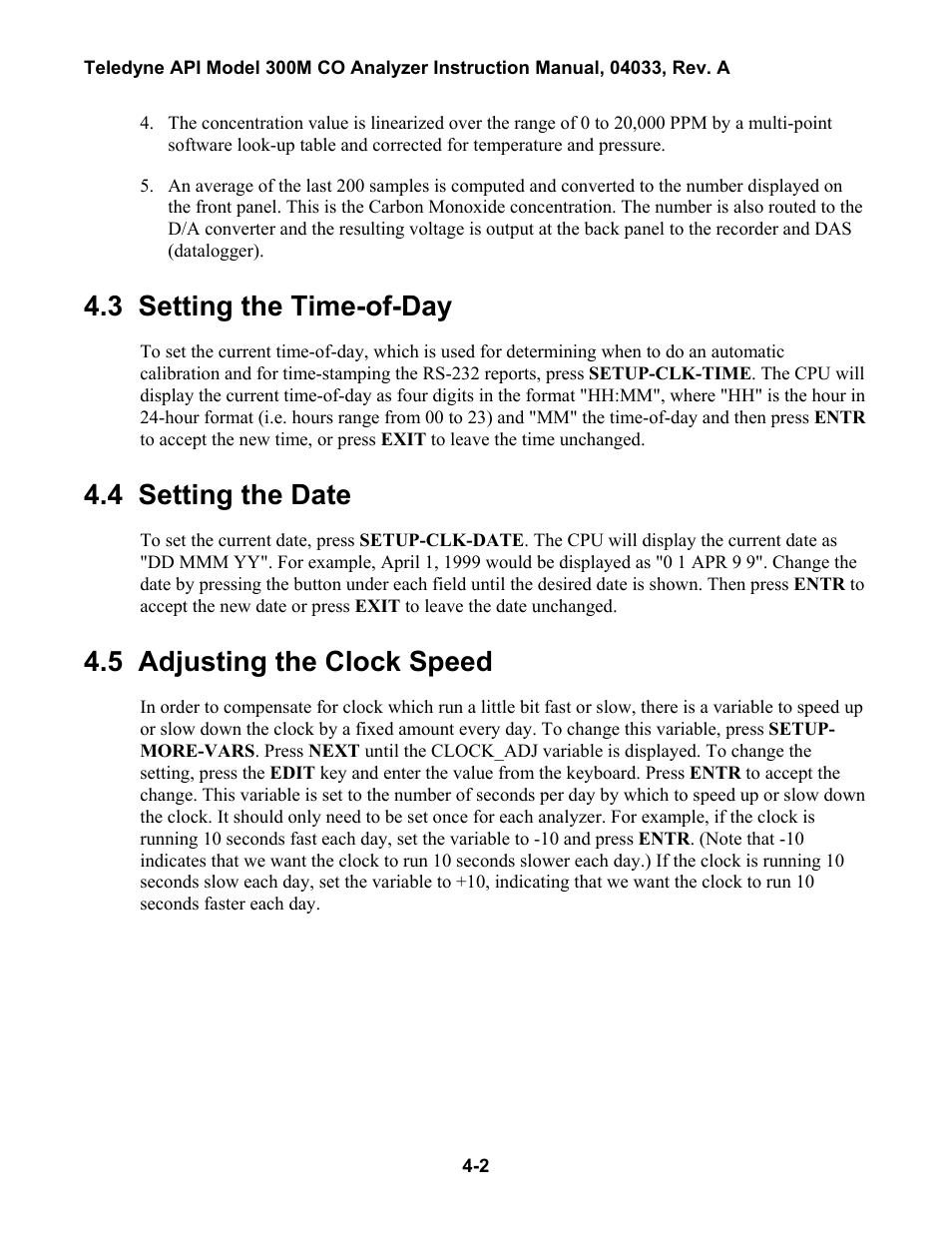 Setting the time-of-day, Setting the date, Adjusting the clock speed | 4 setup mode -1, Etup, Peration, Xamining the, Arbon, Onoxide, Ormula | Teledyne 300M User Manual | Page 48 / 123