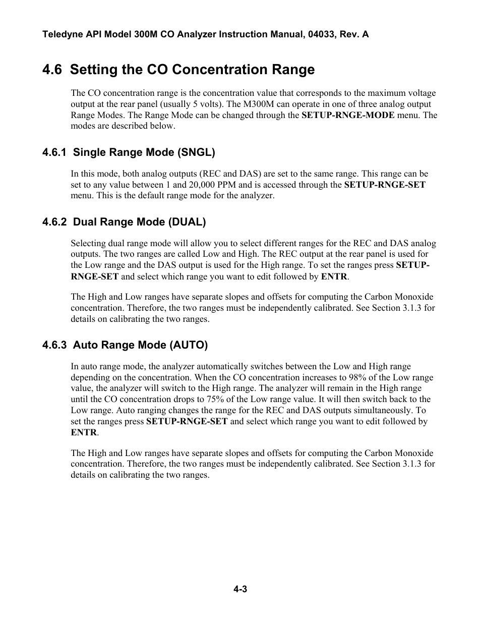Setting the co concentration range, Single range mode (sngl), Dual range mode (dual) | Auto range mode (auto), Etting the, Djusting the, Lock, Peed, 6 setting the co concentration range | Teledyne 300M User Manual | Page 49 / 123