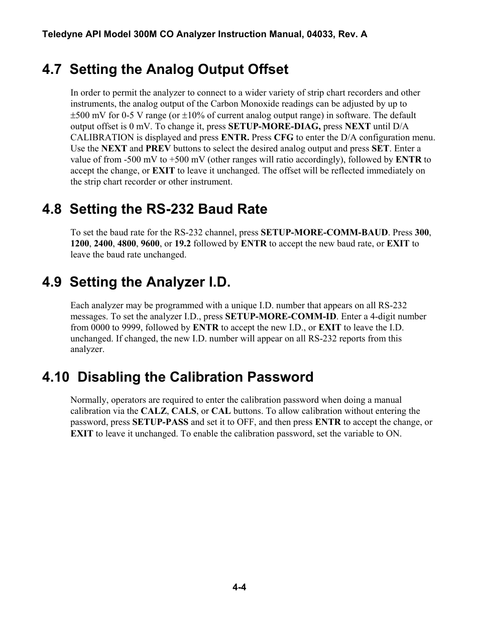 Setting the analog output offset, Setting the rs-232 baud rate, Setting the analyzer i.d | Disabling the calibration password, Etting the, Co c, Oncentration, Ange, 7 setting the analog output offset, 8 setting the rs-232 baud rate | Teledyne 300M User Manual | Page 50 / 123