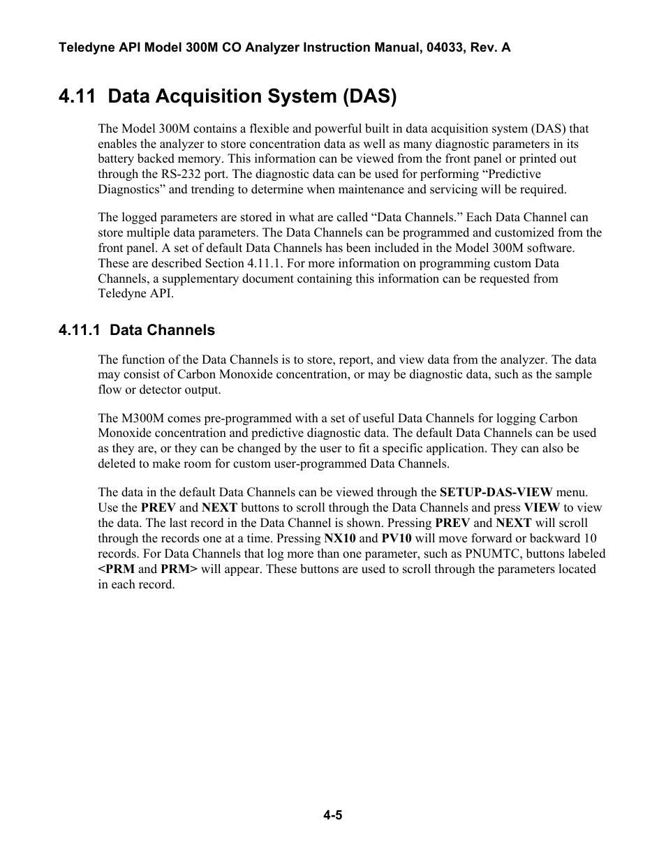 Data acquisition system (das), Data channels, Etting the | Nalog, Utput, Ffset, Rs-232 b, Nalyzer, I.d -4, 10 d | Teledyne 300M User Manual | Page 51 / 123