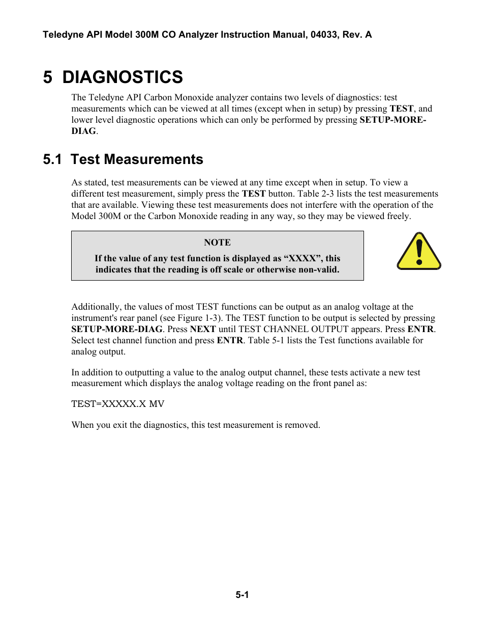 Diagnostics, Test measurements, 5 diagnostics | 1 test measurements | Teledyne 300M User Manual | Page 57 / 123