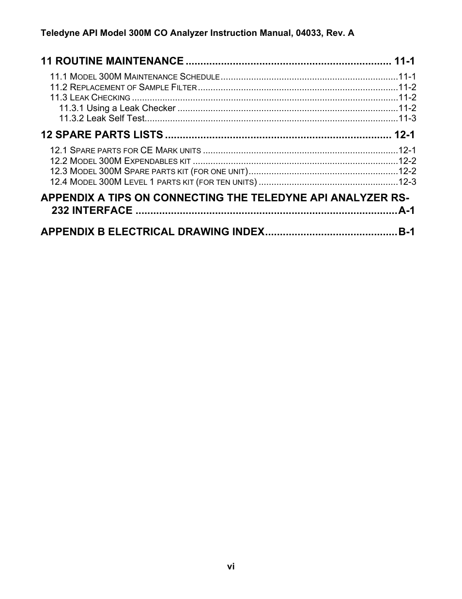 11 routine maintenance -1, 12 spare parts lists -1 | Teledyne 300M User Manual | Page 6 / 123