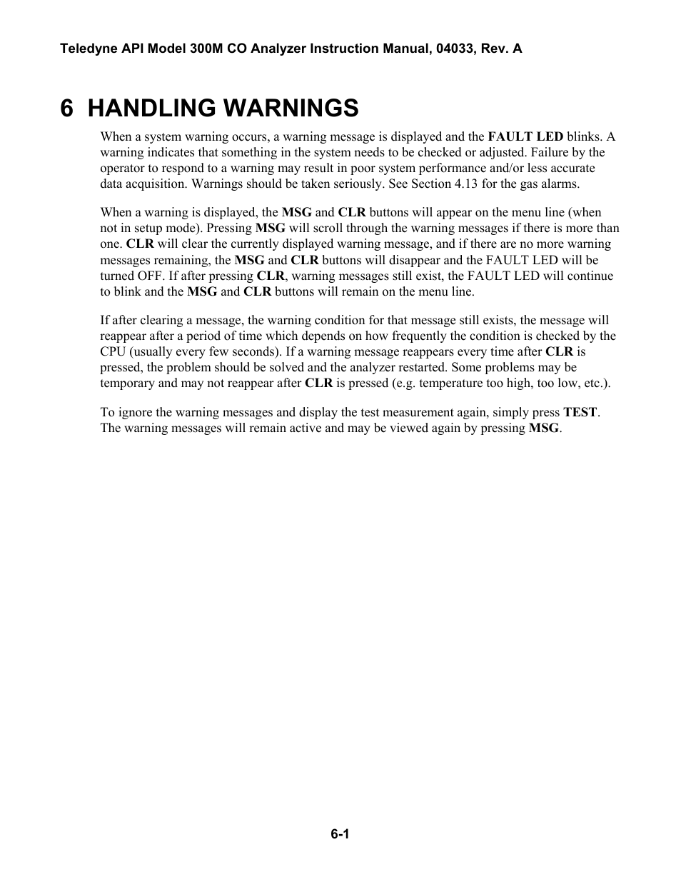 Handling warnings, 6 handling warnings | Teledyne 300M User Manual | Page 65 / 123