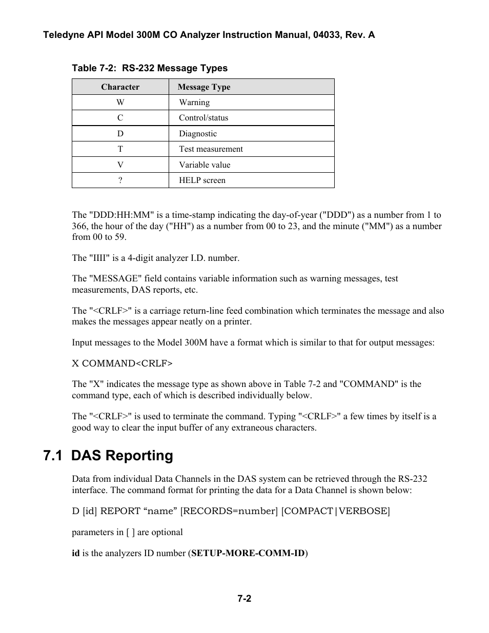 Das reporting, 7 rs-232 communications -1, Able | 1: rs-232 p, Etup, Ront, Anel, 1 das reporting | Teledyne 300M User Manual | Page 68 / 123