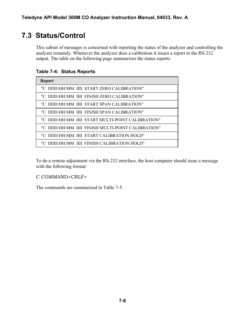 Status/control, Able, 3: rs-232 w | Arning, Essage, Lear, Ommands, 3 status/control | Teledyne 300M User Manual | Page 72 / 123