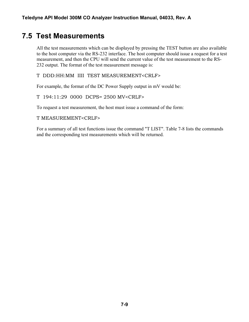 Test measurements, Iagnostics, Able | 6: d, Iagnostic, Ommands, 7: d, Eports, 5 test measurements | Teledyne 300M User Manual | Page 75 / 123