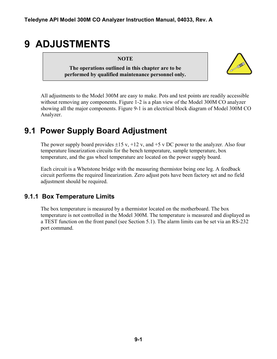 Adjustments, Power supply board adjustment, Box temperature limits | Hecking, 9 adjustments, 1 power supply board adjustment | Teledyne 300M User Manual | Page 87 / 123