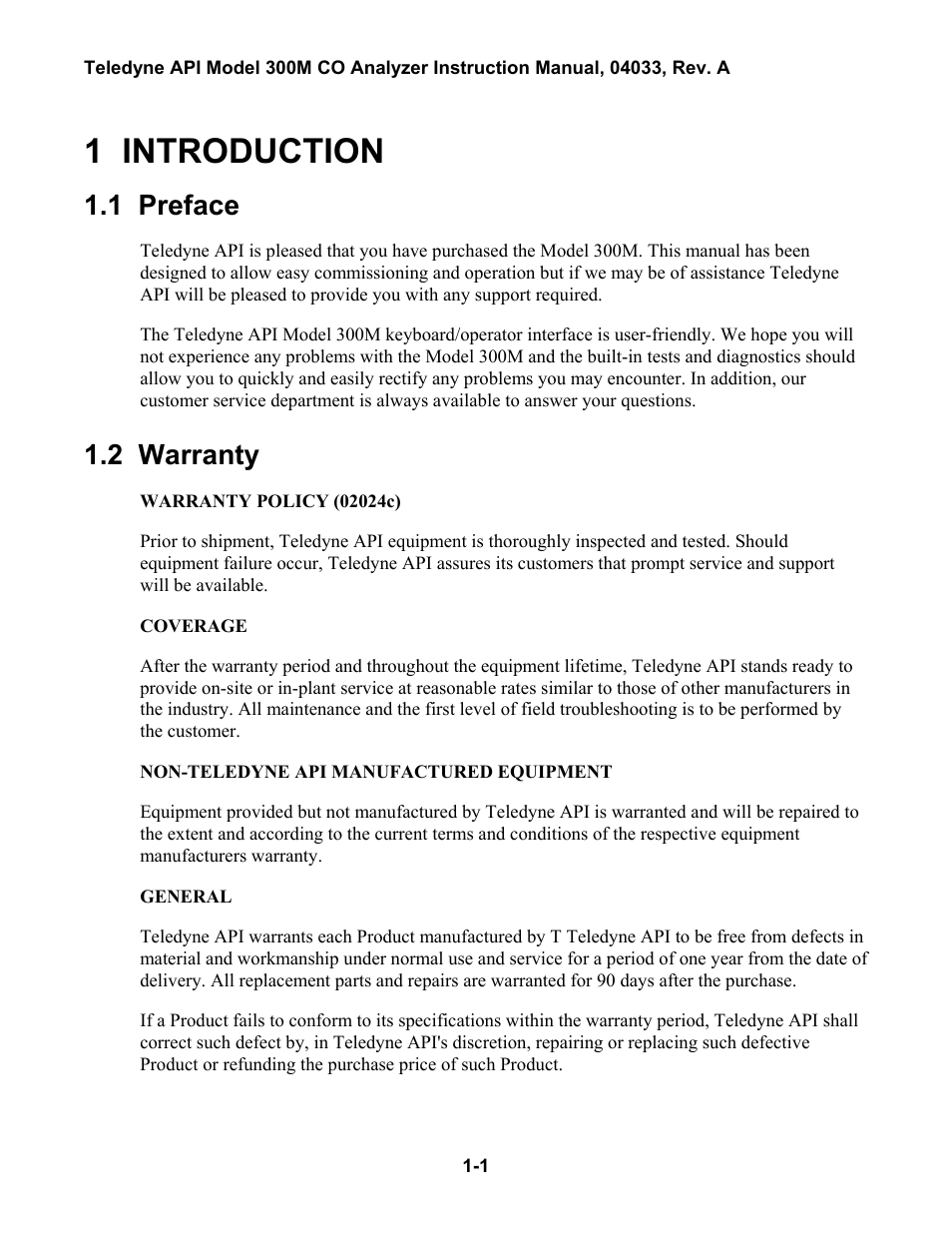 Introduction, Preface, Warranty | 1 introduction, 1 preface, 2 warranty | Teledyne 300M User Manual | Page 9 / 123