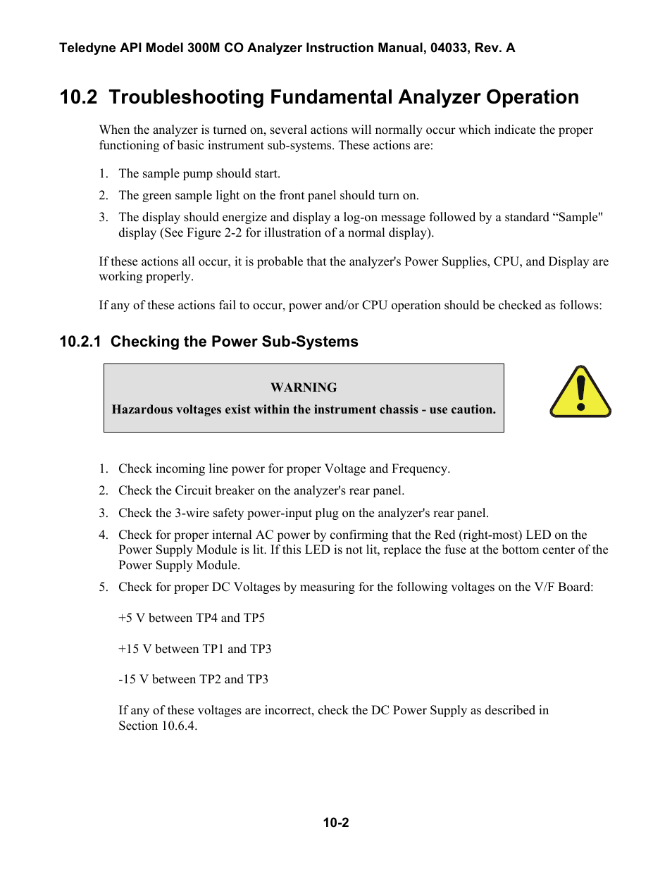 Troubleshooting fundamental analyzer operation, Checking the power sub-systems, 2 troubleshooting fundamental analyzer operation | Teledyne 300M User Manual | Page 96 / 123