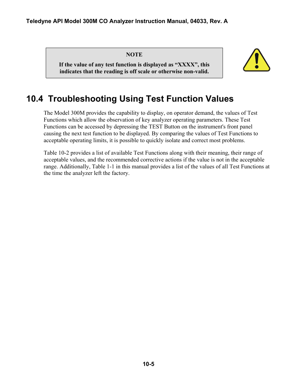 Troubleshooting using test function values, Roubleshooting, Sing | Arning, Essages, Able, 1: w, 4 troubleshooting using test function values | Teledyne 300M User Manual | Page 99 / 123