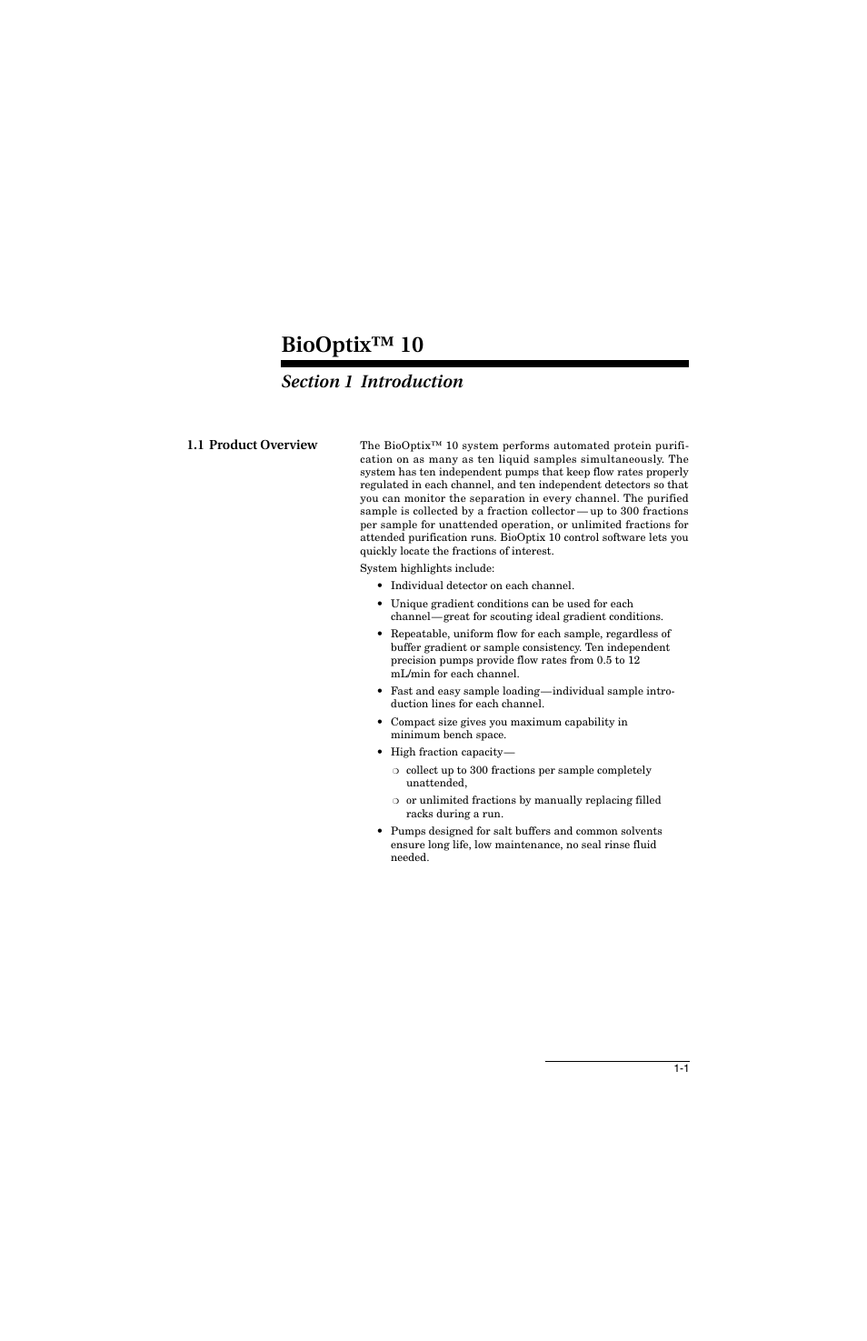Section 1 introduction, 1 product overview, 1 product overview -1 | Biooptix™ 10 | Teledyne 10 User Manual | Page 13 / 88