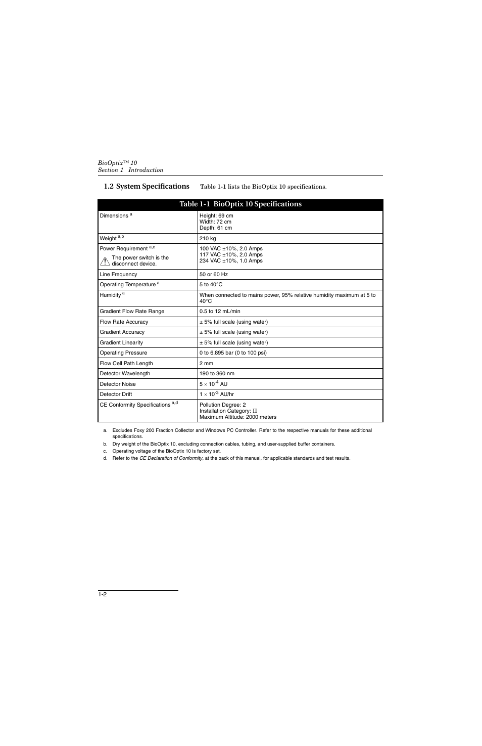 2 system specifications, 2 system specifications -2, 1 biooptix 10 specifications -2 | Table 1-1 biooptix 10 specifications | Teledyne 10 User Manual | Page 14 / 88