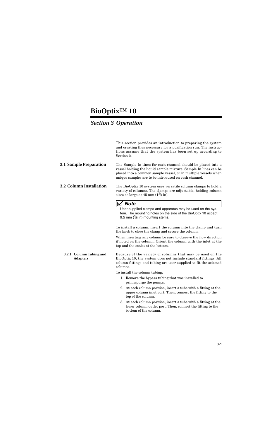 Section 3 operation, 1 sample preparation, 2 column installation | 1 column tubing and adapters, 1 sample preparation -1 3.2 column installation -1, 1 column tubing and adapters -1, Biooptix™ 10 | Teledyne 10 User Manual | Page 37 / 88