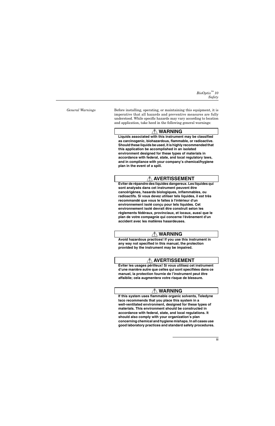 Warning, Avertissement | Teledyne 10 User Manual | Page 5 / 88