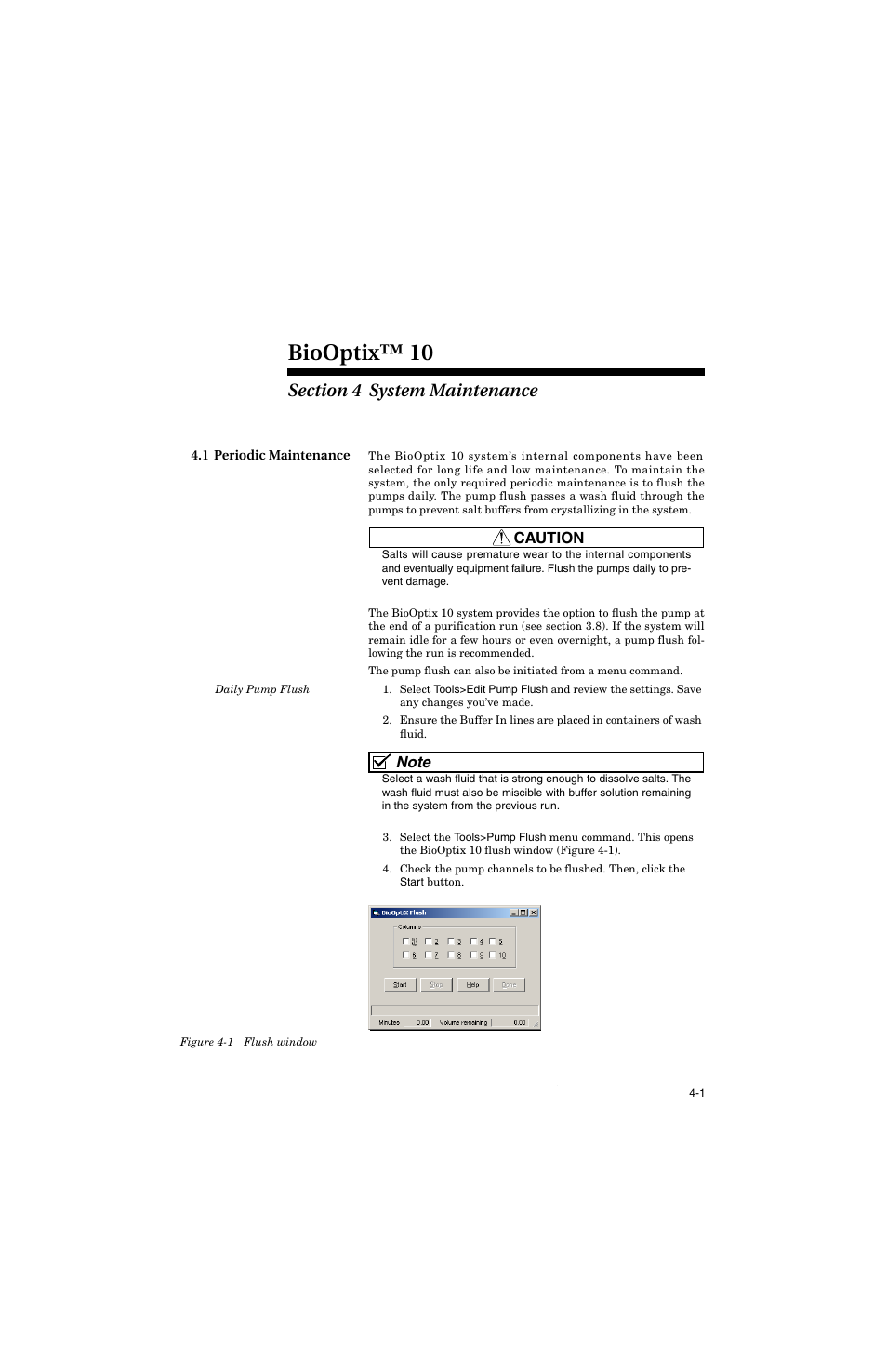 Section 4 system maintenance, 1 periodic maintenance, 1 periodic maintenance -1 | 1 flush window -1, Biooptix™ 10, Caution | Teledyne 10 User Manual | Page 51 / 88