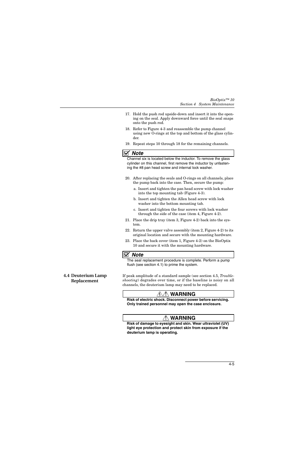 4 deuterium lamp replacement, 4 deuterium lamp replacement -5, Warning | Teledyne 10 User Manual | Page 55 / 88