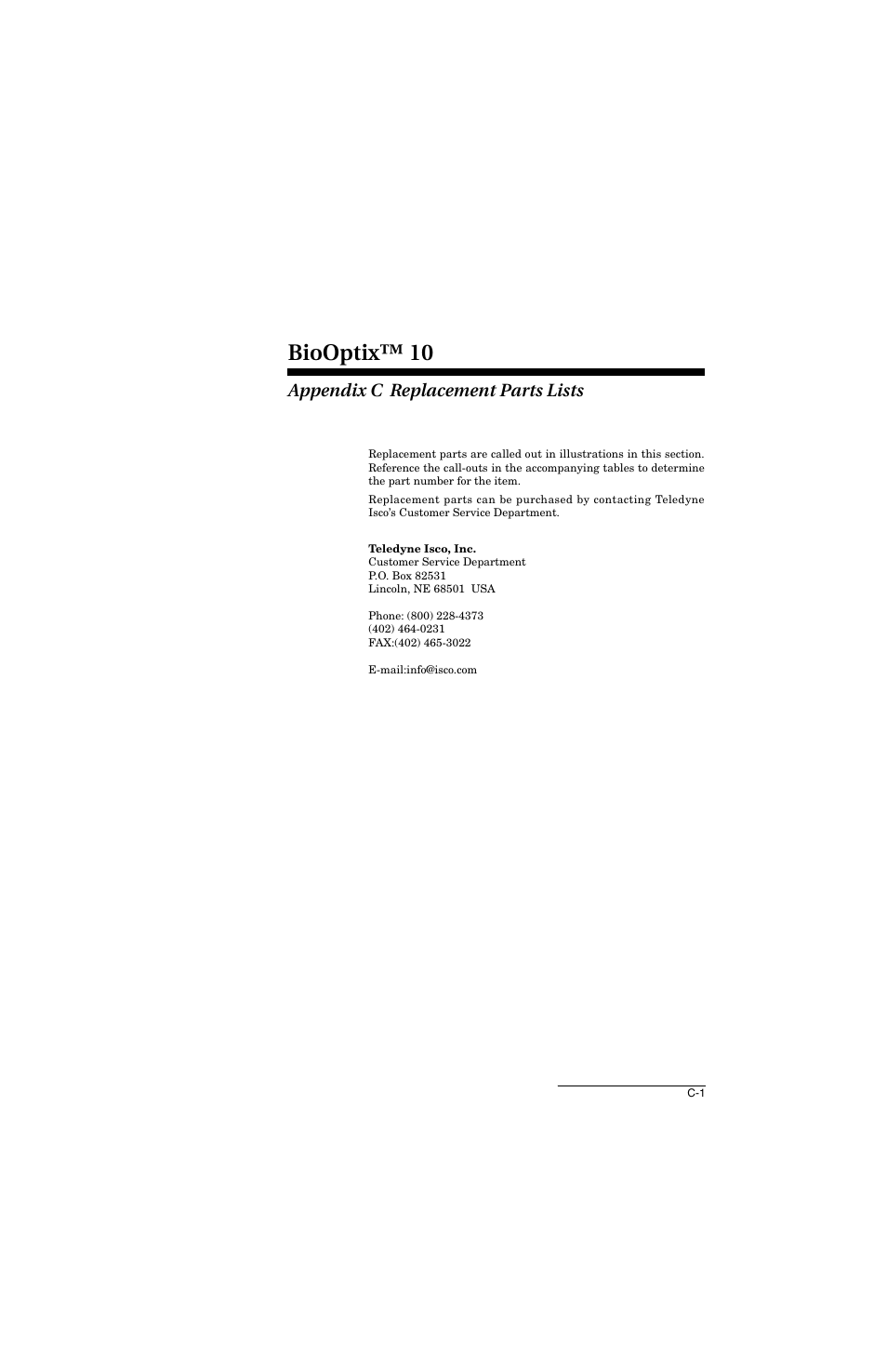Appendix c replacement parts lists, Biooptix™ 10 | Teledyne 10 User Manual | Page 71 / 88