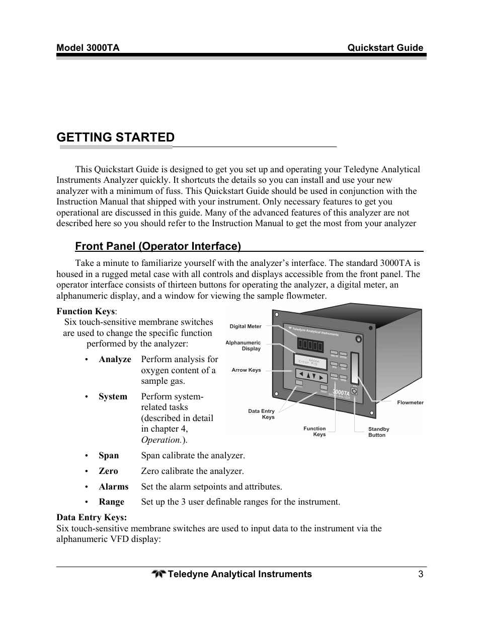 Getting started | Teledyne Trace Oxygen Analyzer 3000TA User Manual | Page 3 / 19
