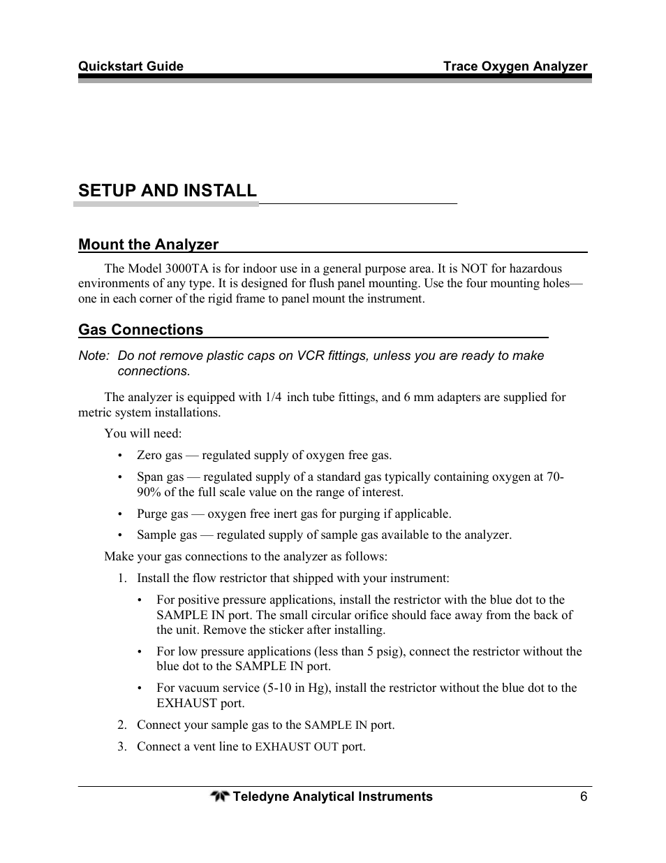 Setup and install | Teledyne Trace Oxygen Analyzer 3000TA User Manual | Page 6 / 19