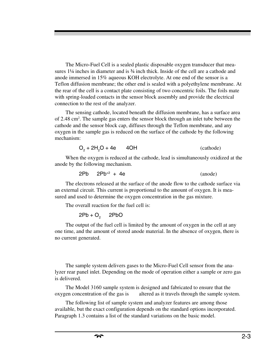 Operational theory 2, Operational theory 2 2-3, 1 micro-fuel cell sensor | 2 sample system | Teledyne 3160 User Manual | Page 13 / 68
