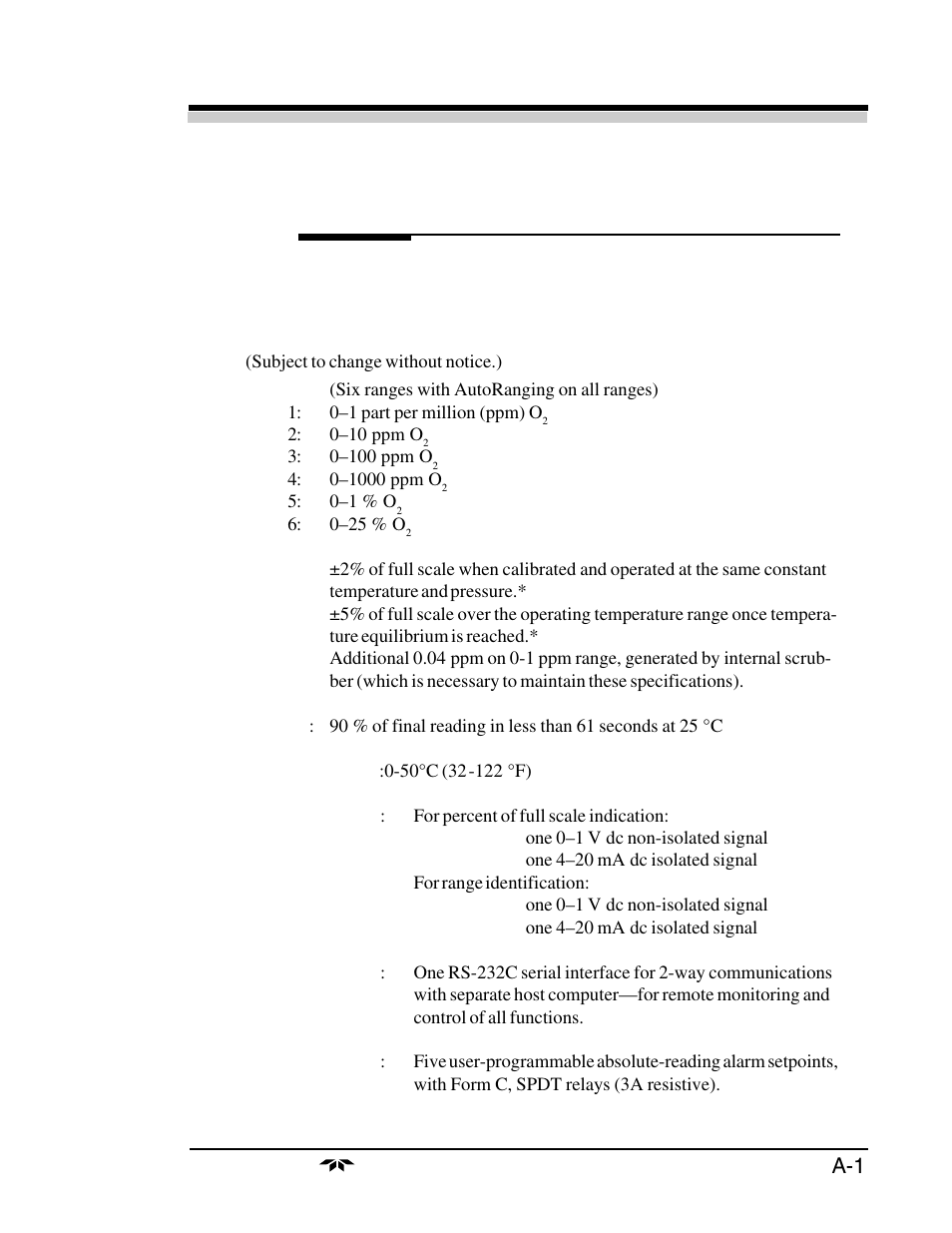 Appendix, A-1 appendix appendix appendix appendix appendix, A.1 specifications | Teledyne 3160 User Manual | Page 59 / 68
