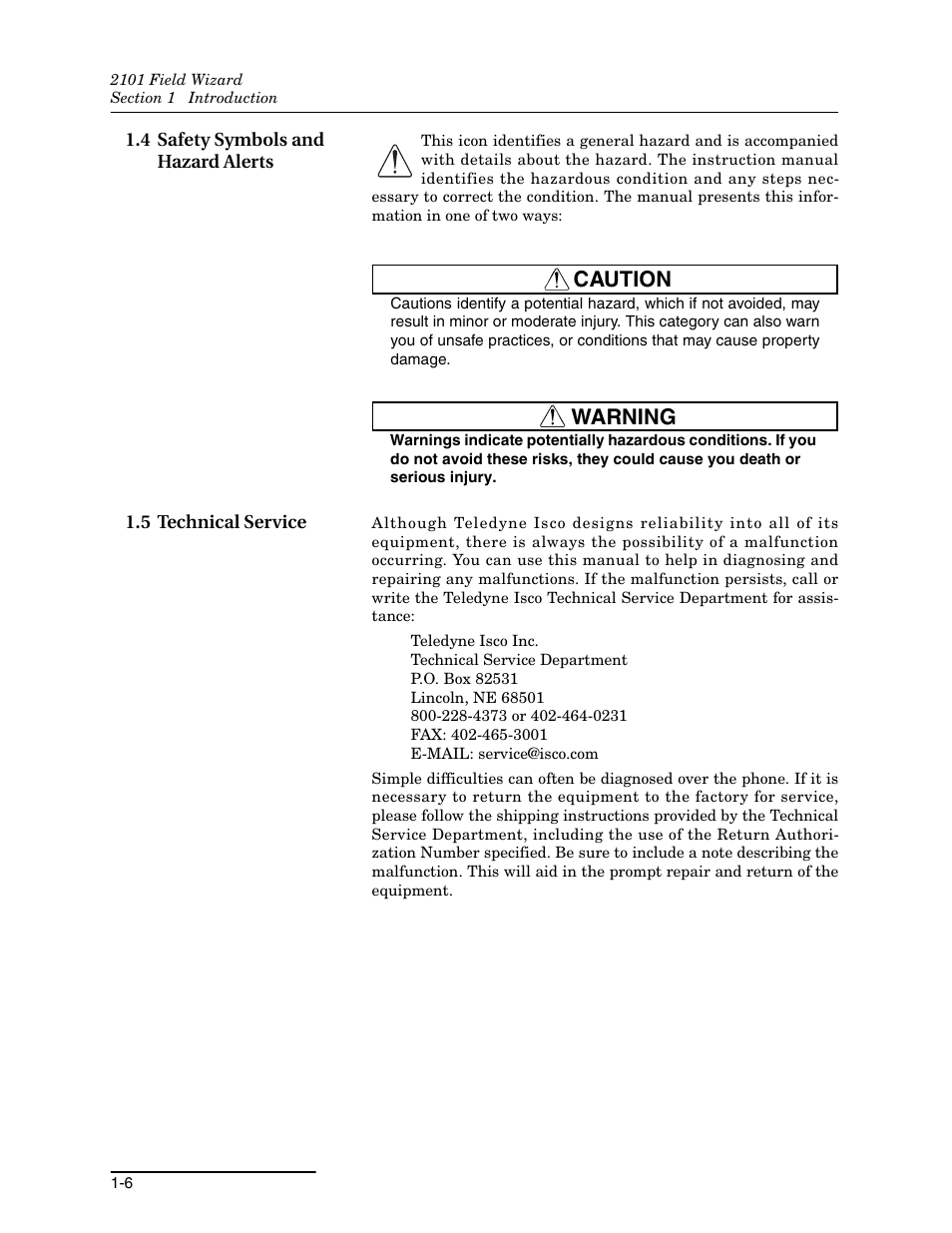 4 safety symbols and hazard alerts, 5 technical service, Caution | Warning | Teledyne Field Wizard 2101 User Manual | Page 14 / 76