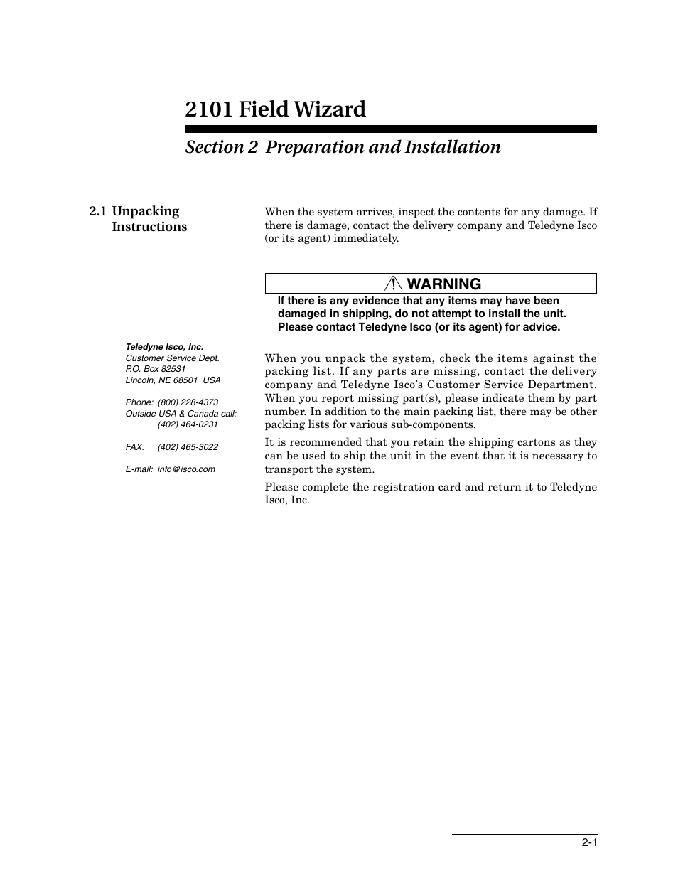 Section 2 preparation and installation, 1 unpacking instructions, 1 unpacking instructions -1 | 2101 field wizard, Warning | Teledyne Field Wizard 2101 User Manual | Page 15 / 76