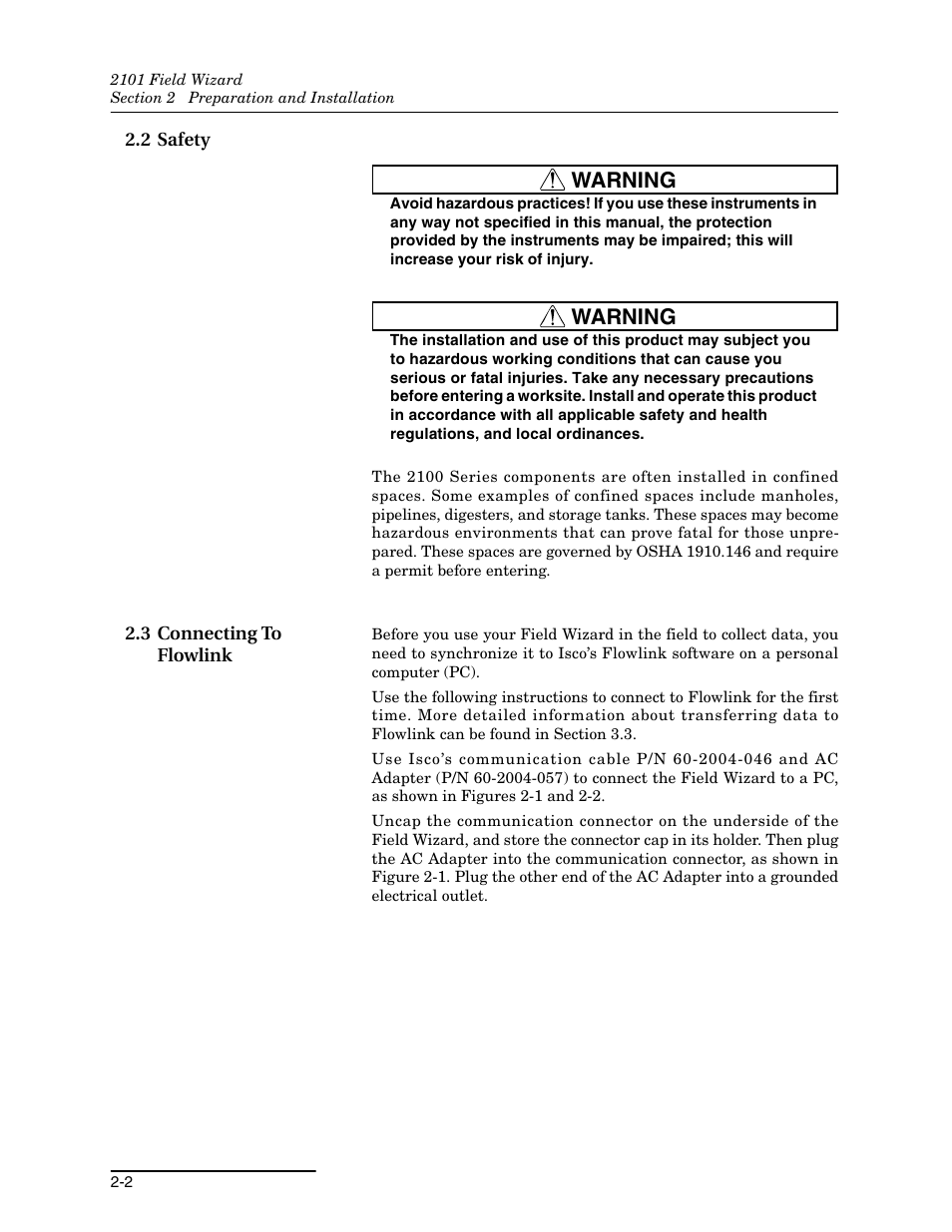 2 safety, 3 connecting to flowlink, 2 safety -2 2.3 connecting to flowlink -2 | Warning | Teledyne Field Wizard 2101 User Manual | Page 16 / 76