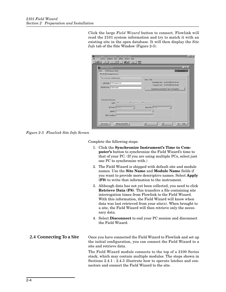 4 connecting to a site, 4 connecting to a site -4, 3 flowlink site info screen -4 | Teledyne Field Wizard 2101 User Manual | Page 18 / 76