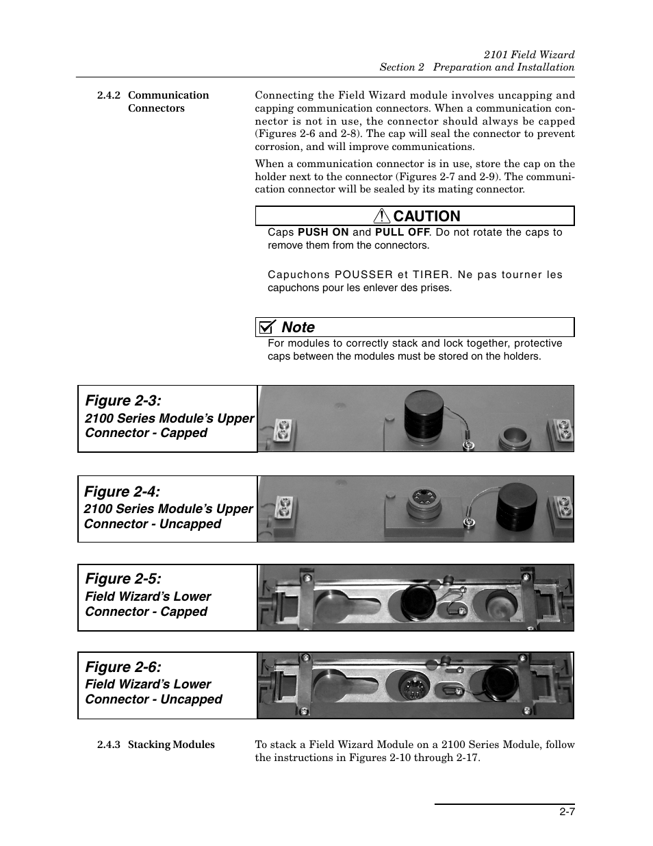 2 communication connectors, 3 stacking modules, Caution | Figure 2-3, Figure 2-4, Figure 2-5, Figure 2-6 | Teledyne Field Wizard 2101 User Manual | Page 21 / 76