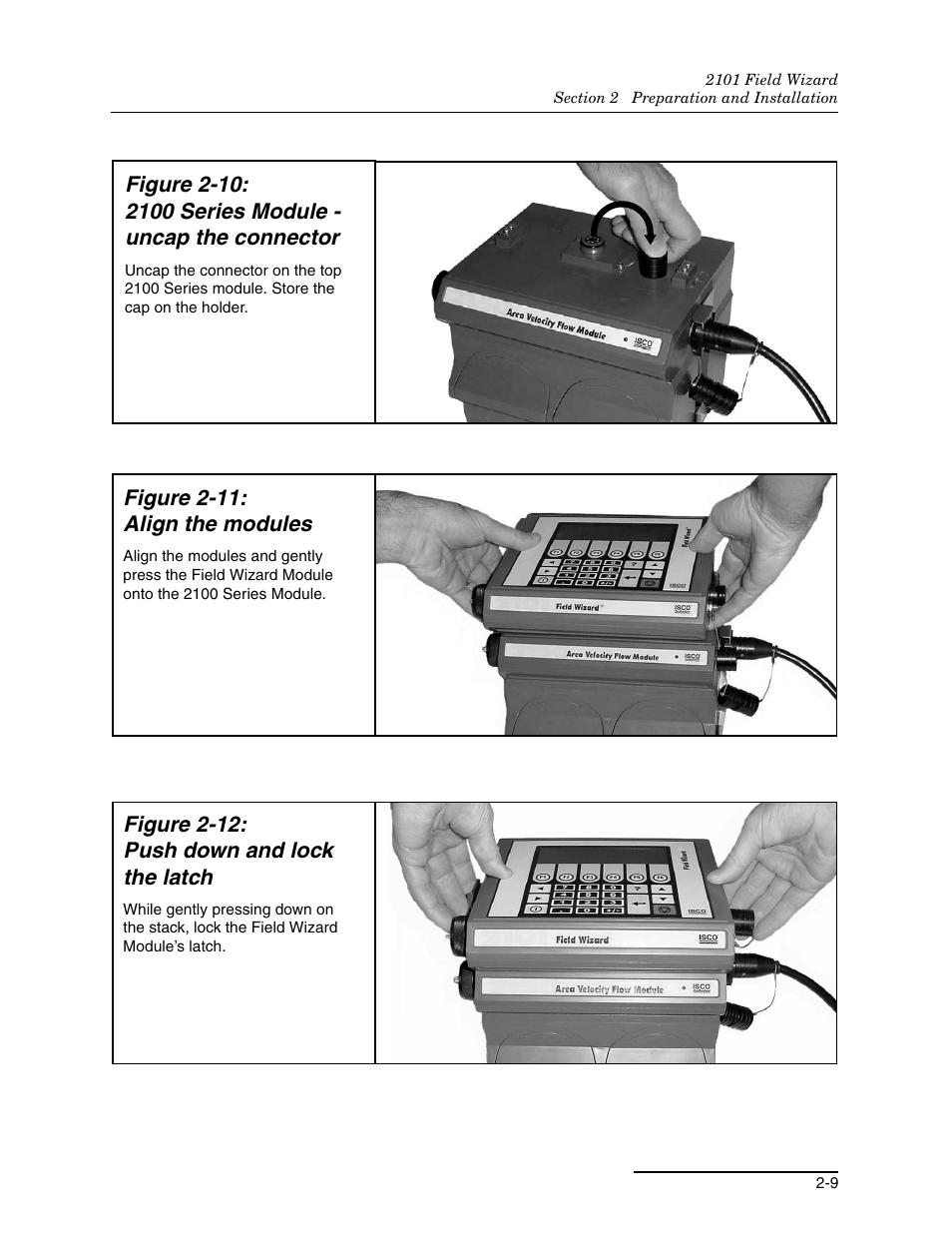 Figure 2-11: align the modules, Figure 2-12: push down and lock the latch | Teledyne Field Wizard 2101 User Manual | Page 23 / 76