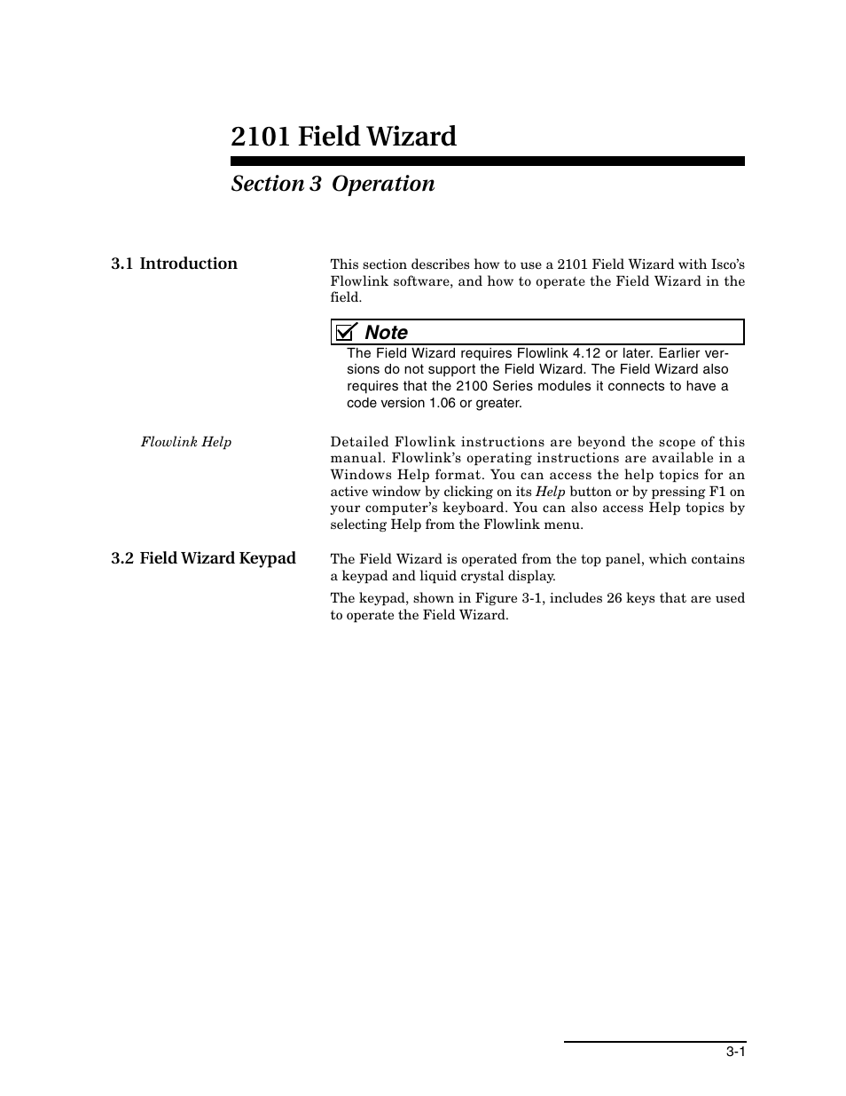 Section 3 operation, 1 introduction, 2 field wizard keypad | 1 introduction -1 3.2 field wizard keypad -1, 2101 field wizard | Teledyne Field Wizard 2101 User Manual | Page 25 / 76