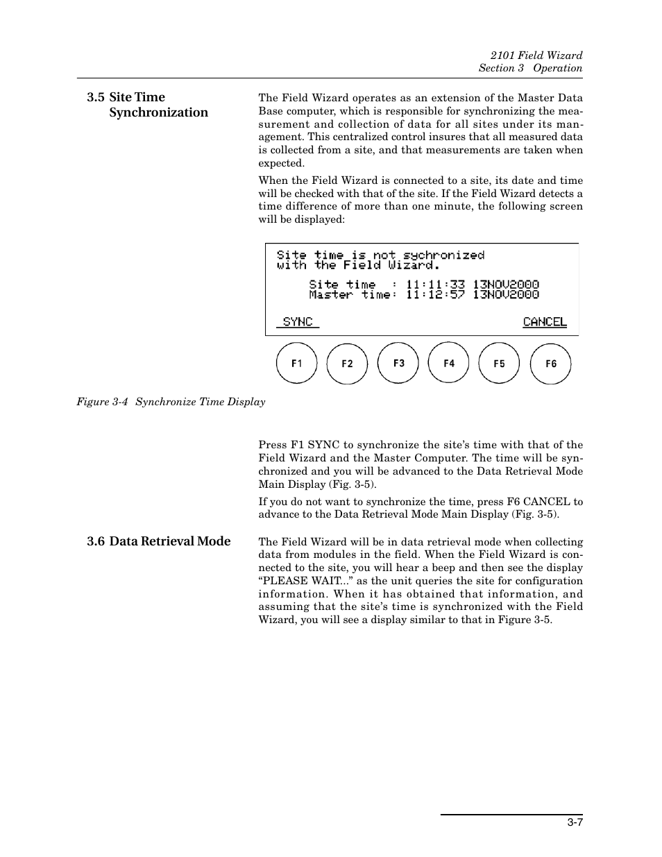 5 site time synchronization, 6 data retrieval mode, 4 synchronize time display -7 | Teledyne Field Wizard 2101 User Manual | Page 31 / 76