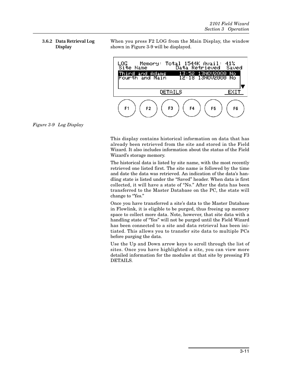 2 data retrieval log display, 2 data retrieval log display -11, 9 log display -11 | Teledyne Field Wizard 2101 User Manual | Page 35 / 76