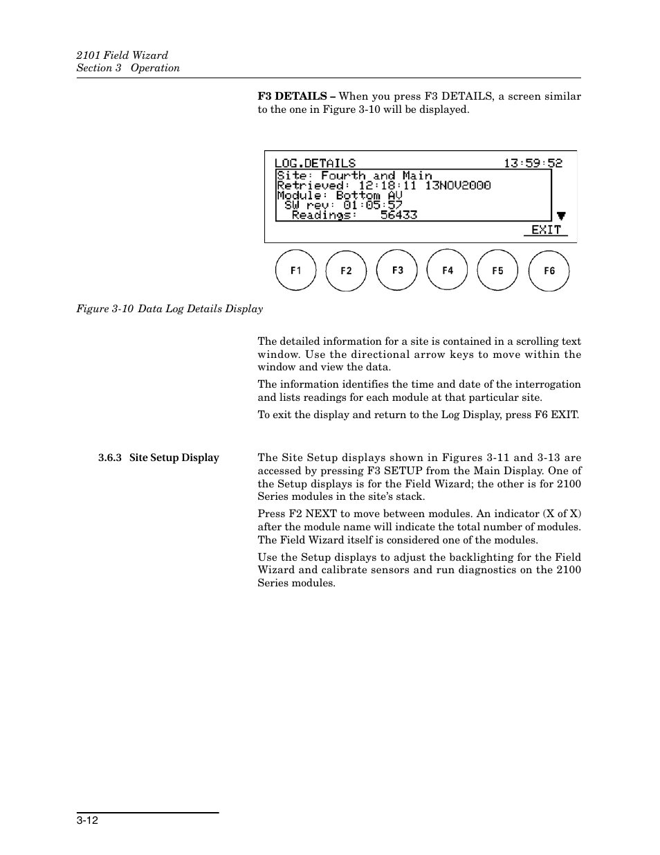 3 site setup display, 3 site setup display -12, 10 data log details display -12 | Teledyne Field Wizard 2101 User Manual | Page 36 / 76