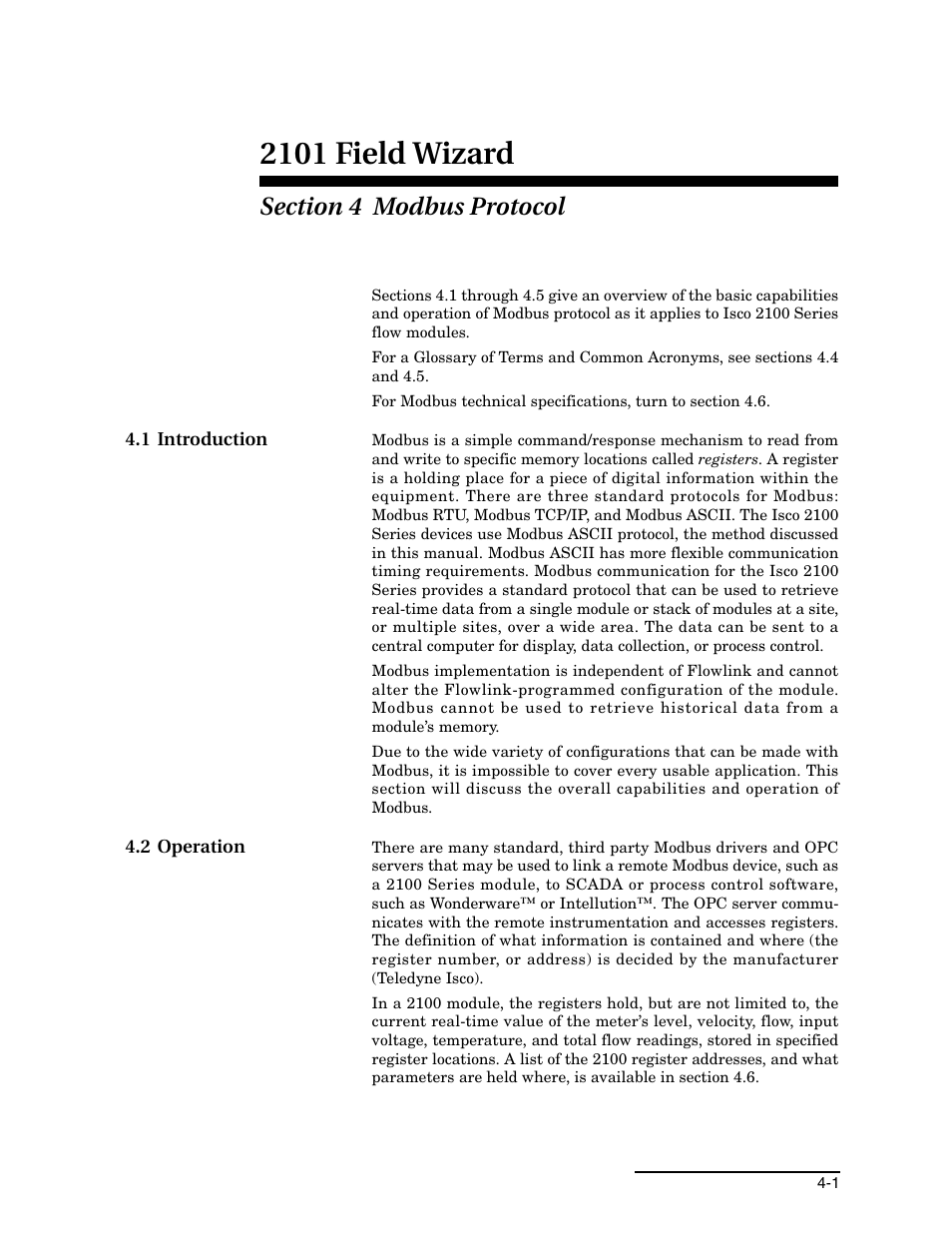 Section 4 modbus protocol, 1 introduction, 2 operation | 1 introduction -1 4.2 operation -1, 2101 field wizard | Teledyne Field Wizard 2101 User Manual | Page 43 / 76